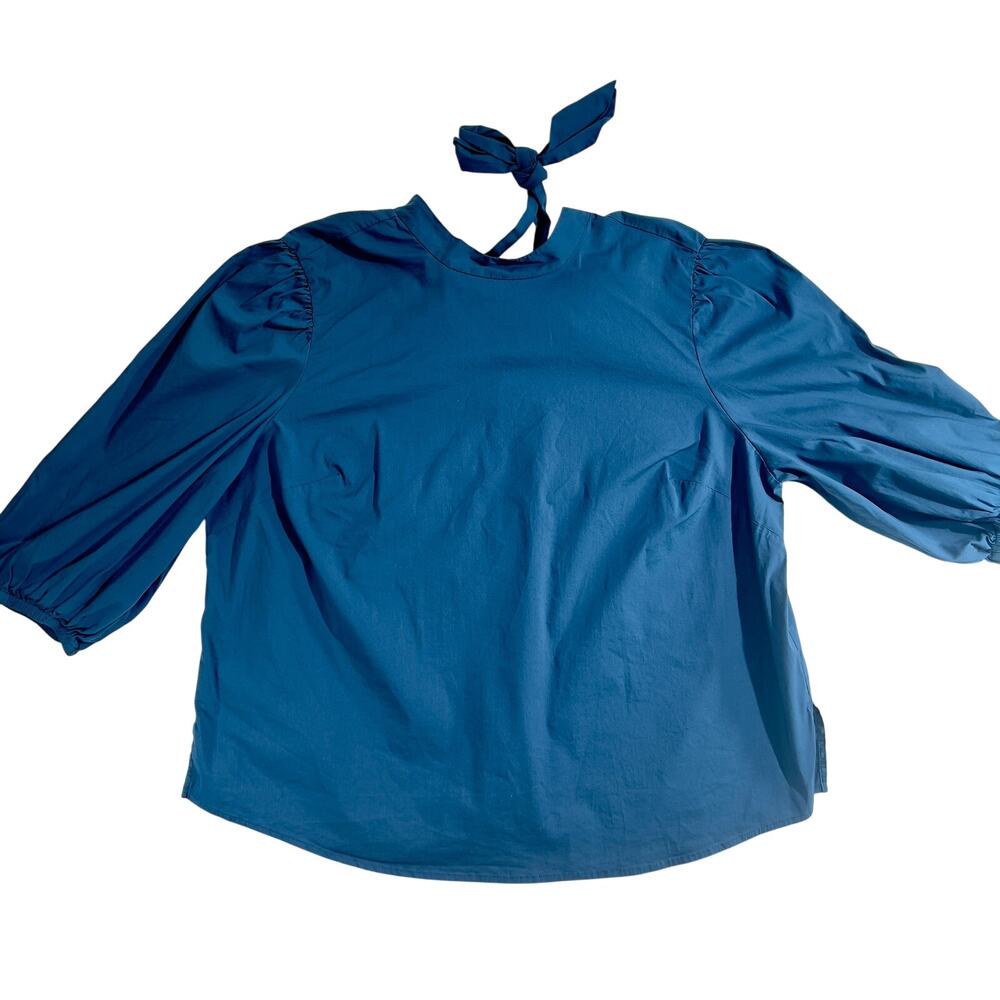 Eloquii Blouse Top Woman 18 Blue Elastic Cuffs Tie Back Plain Front w/ Darts
